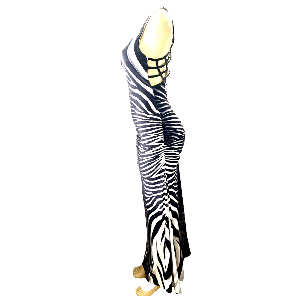 NWT SKY Dress Scoop Sleeveless Maxi Ruched Zebra Animal Print Cut Out Leather M - Picture 5 of 13